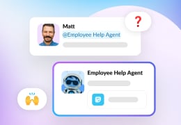 Floating cards showing a person mentioning an employee help agent for support.