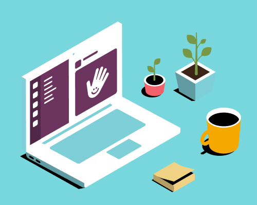 Illustration of a laptop, notepad, coffee mug and plants.