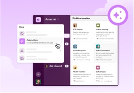 Illustration showing examples of workflows built in Slack