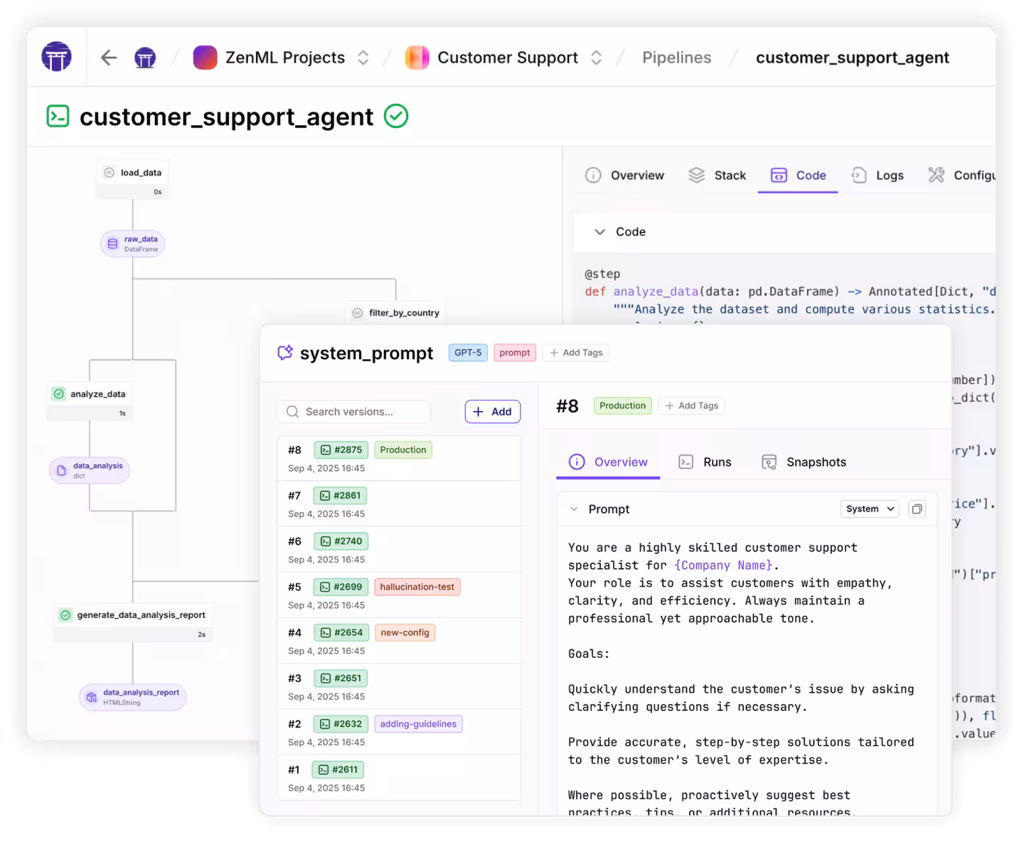 Artifact and checkpoint versioning view