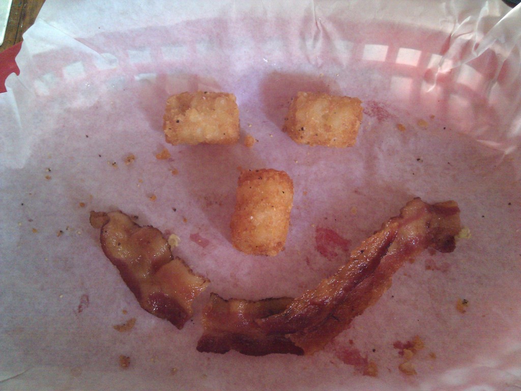 Tater tots and bacon make me happy. Tater tots and bacon make me happy.