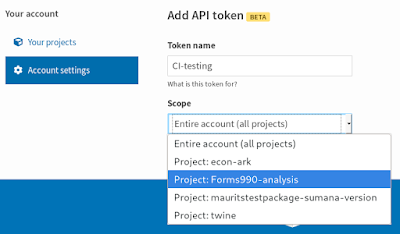 Add API token screen Add API token screen, with textarea for token name and dropdown menu to choose token scope