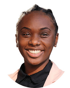 A smiling young woman in a pink blazer.