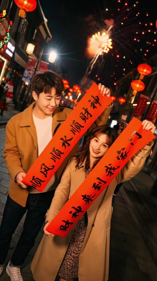 这里有几个标题供您选择:
1. 上传双人照与对联,定制街头新年祝福视频 (23字符)
2. 专属街头对联新年祝福:双人照定制生成视频 (24字符)
3. 晒双人照写对联,生成你的街头新年祝福视频 (26字符)
4. 定制街头对联新年视频:双人照+对联即刻生成 (27字符) - 上传双人照并输入对联内容,生成你们在街头展开新年对联的祝福视频 cover image by Hailuo AI Video Generator