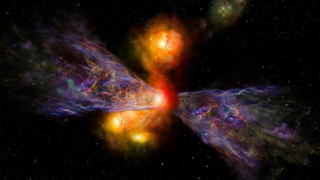 An artist’s impression of the galaxy CRISTAL-02, with a huge plume of cold gas extending away from it.