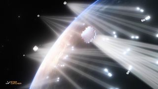 A rendering of Star Catcher's orbital energy grid, which will use optical power beaming to deliver up to 10 times more power on demand to client satellites’ existing solar panels with no retrofit required.