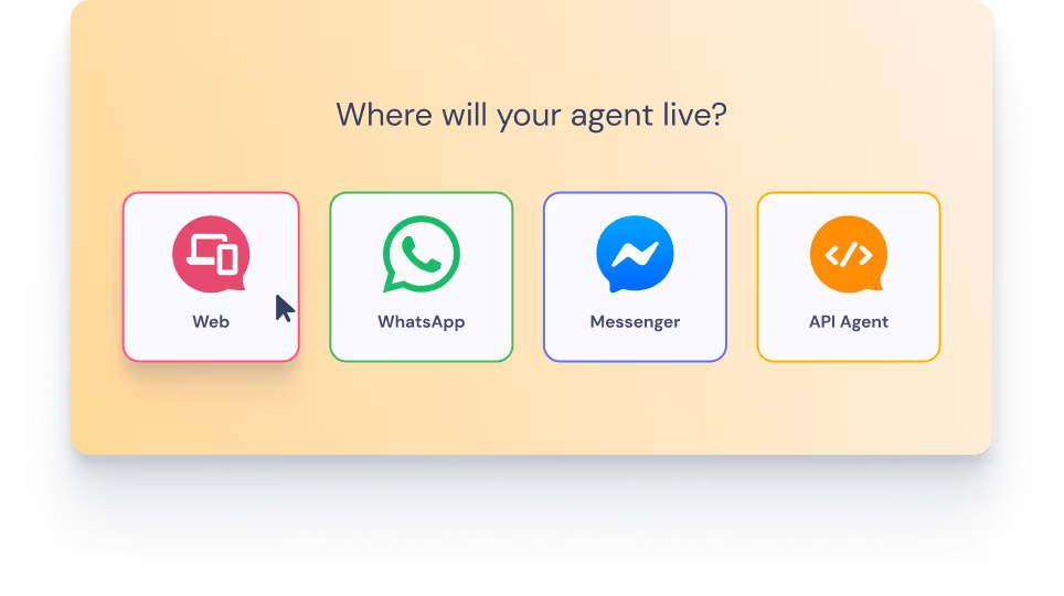 Landbot agent channel selector showing Web, WhatsApp, Messenger and API Agent options