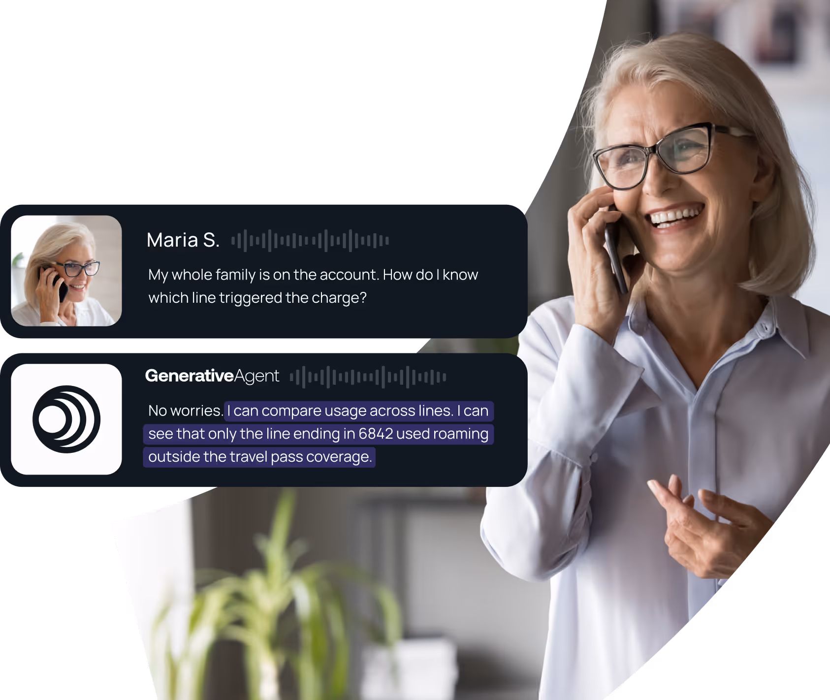 Older woman with glasses smiling and talking on the phone, alongside chat bubbles showing a conversation about account charges and roaming usage.