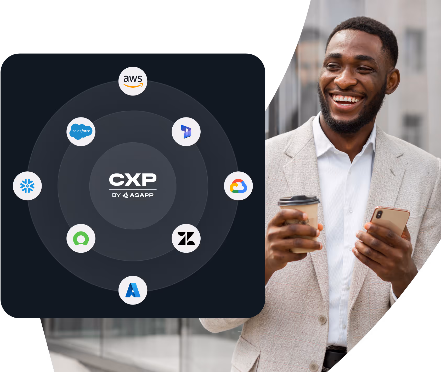 Smiling man in a beige blazer holding a smartphone and a coffee cup next to a diagram of CXP by ASAPP integrations with logos of AWS, Salesforce, Microsoft Dynamics, Google Cloud, Zendesk, Azure, Genesys, and Snowflake.