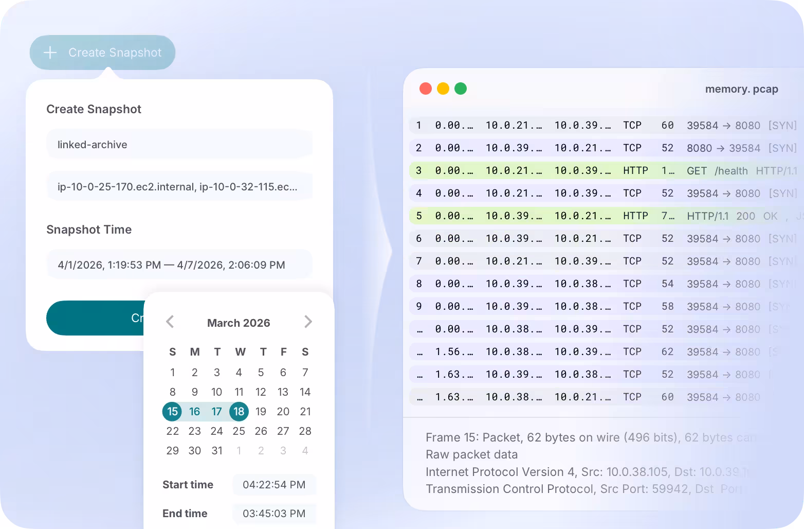 Illustration depicting export of Kubernetes records into a pcap file