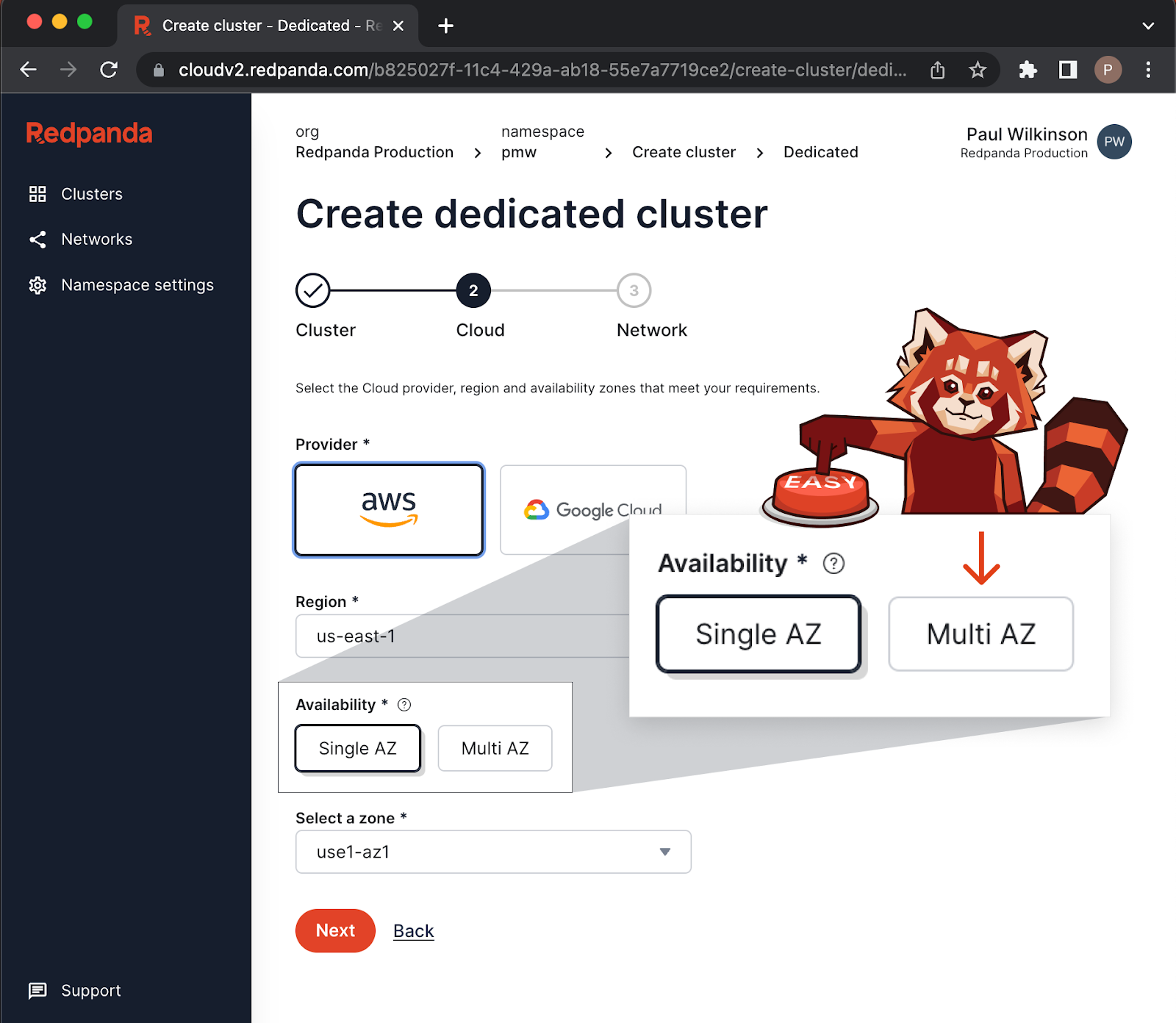 Selecting the Multi-AZ option in Redpanda Cloud