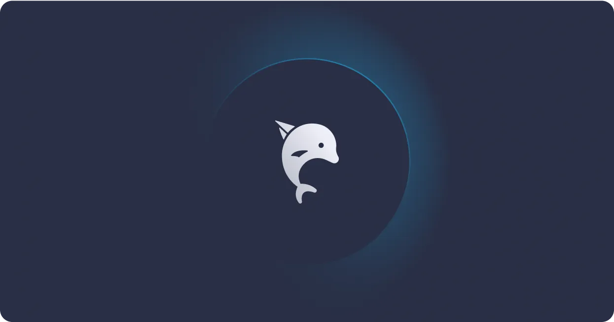 Stylized white dolphin logo centered on a dark blue circular gradient background.