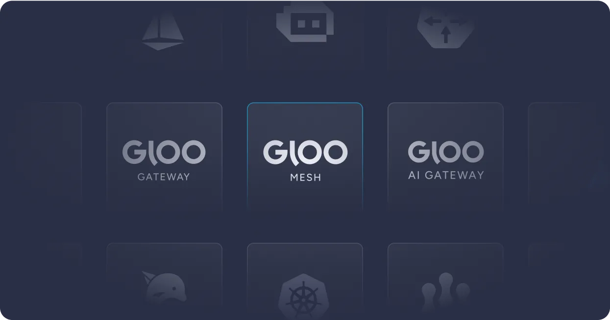 Interface displaying three options labeled Gloo Gateway, Gloo Mesh, and Gloo AI Gateway on a dark background.