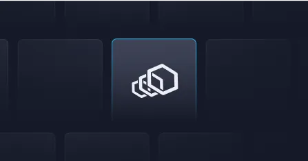 White overlapping hexagons icon on a dark blue rounded square background with a subtle glow.