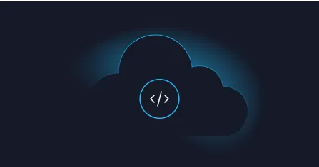 Dark cloud icon with a blue glow and a code symbol (< />) in the center, representing cloud computing or cloud coding.