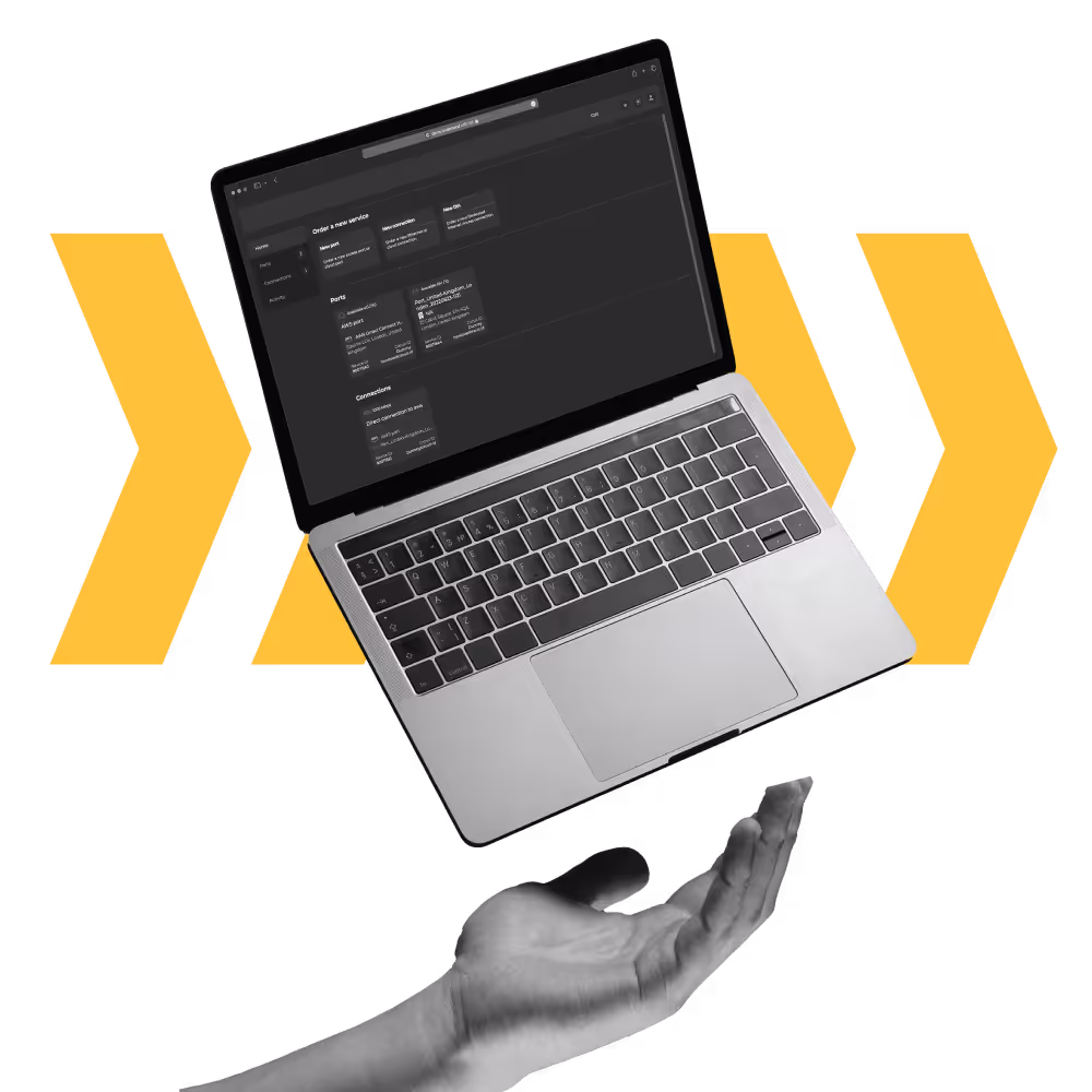 A grayscale hand appears to support a floating laptop displaying a dark-themed service ordering interface with yellow arrows in the background.