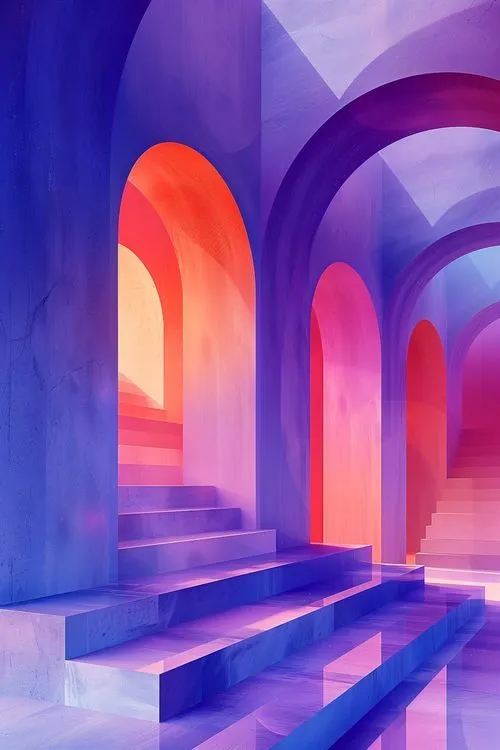 Surreal architectural scene with layered staircases and arches in shades of blue, purple, pink, and orange.