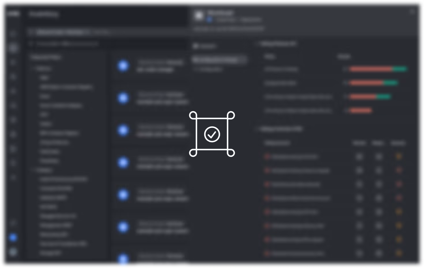 Blurred dark mode interface with a central icon of a stylized square and a checkmark.