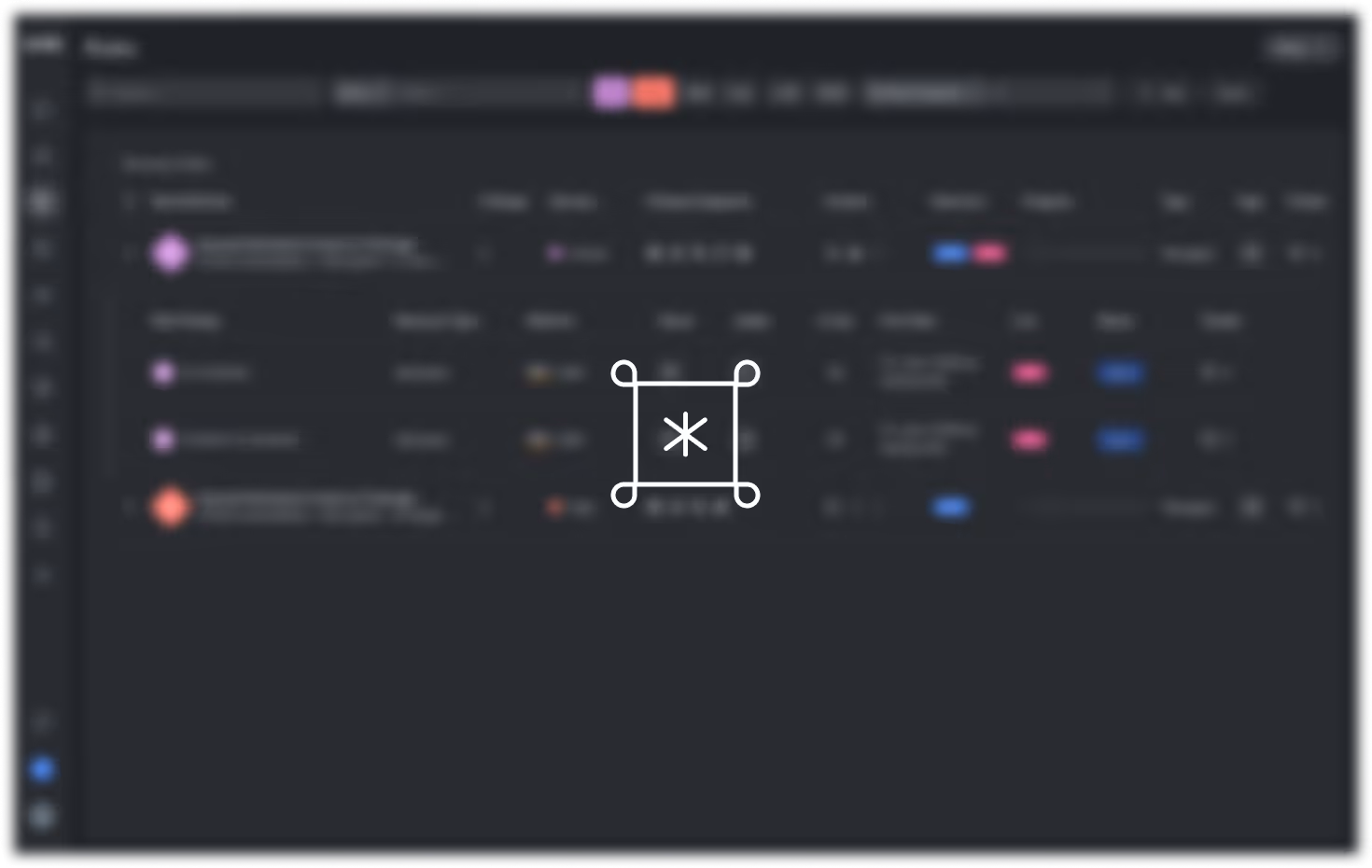 Blurred dark mode software interface screen with a loading or focus icon in the center.