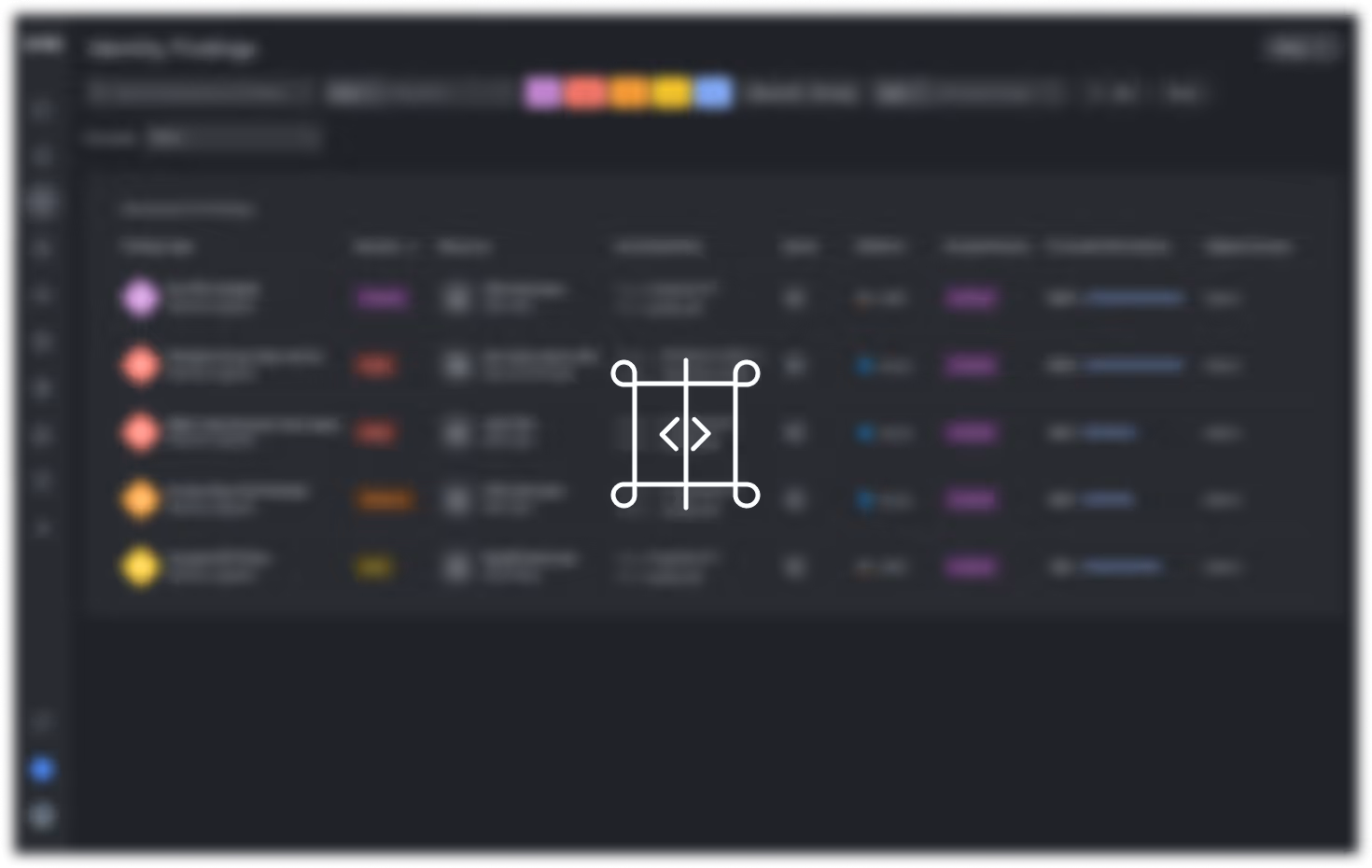 Dark-themed dashboard interface with a blurred table listing entries, status indicators, and navigation icons on the left.