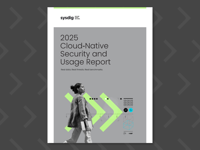 Cover of the 2025 Cloud-Native Security and Usage Report by Sysdig featuring a person walking with a laptop against a grey background with green arrow graphics.