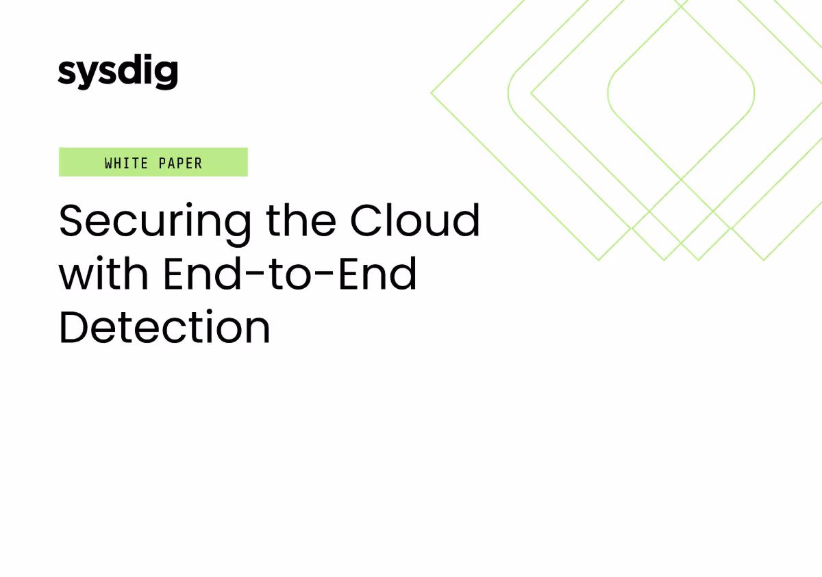 Sysdig white paper titled 'Securing the Cloud with End-to-End Detection' with green geometric shapes in the background.