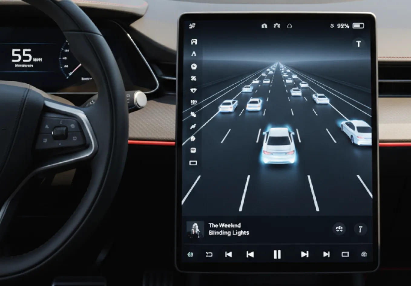Car dashboard with steering wheel, highway display, and Blinding Lights by The Weeknd.