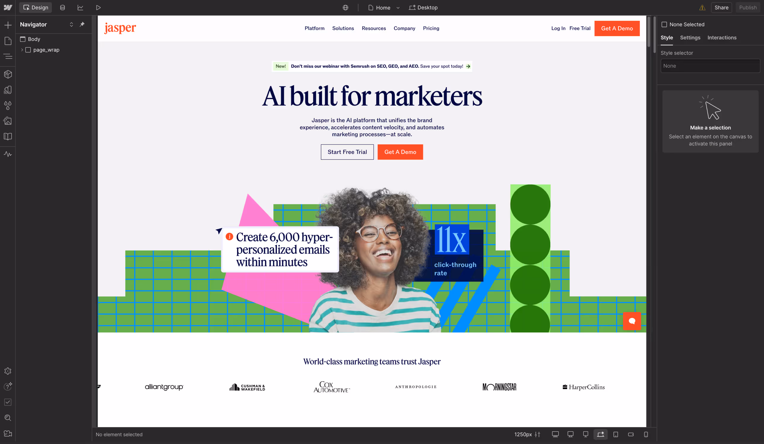 Screenshot of the homepage for Jasper AI in the Webflow Designer