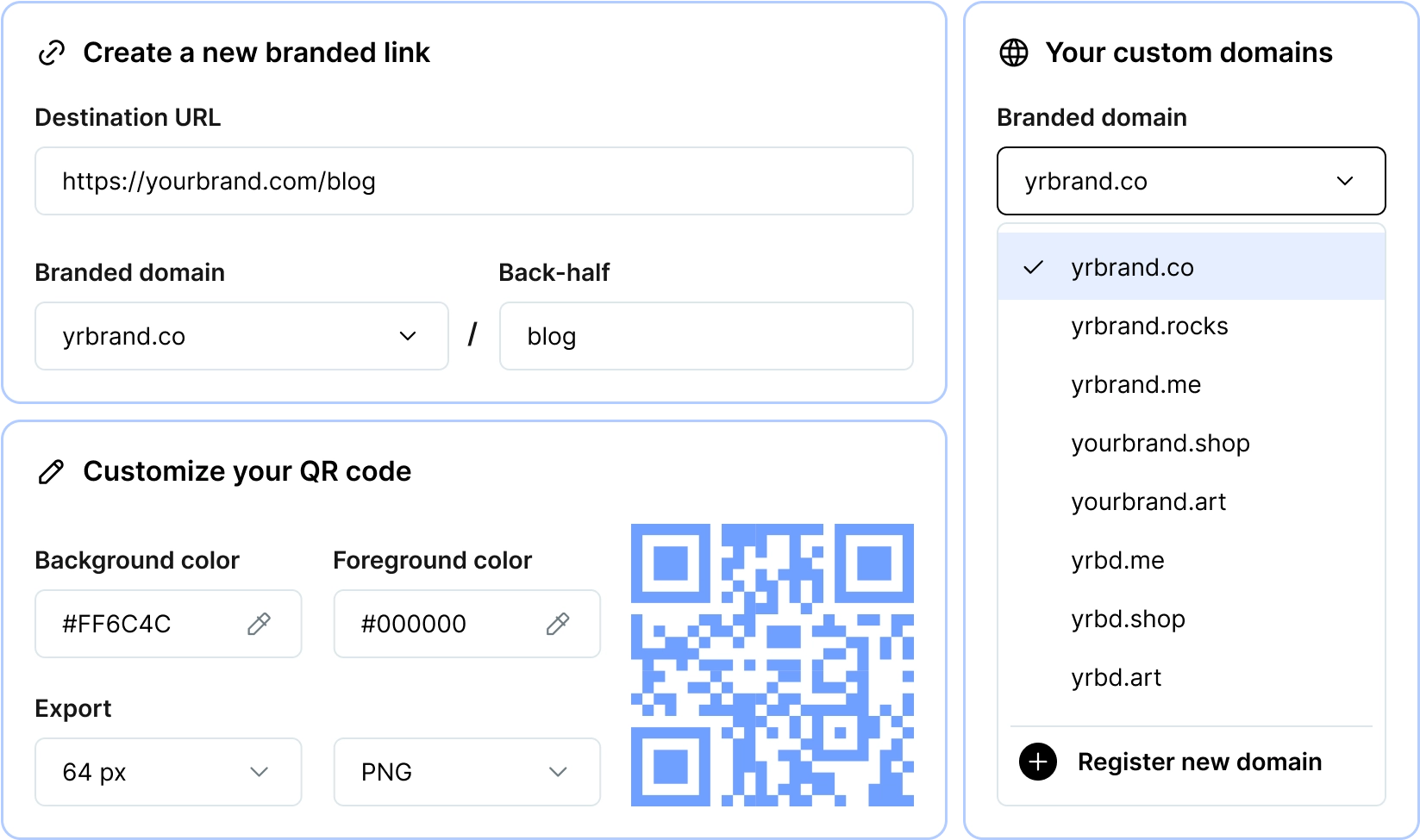 Interface to create a branded link with destination URL, branded domain selection, customizable QR code colors, export options, and a list of custom domains.