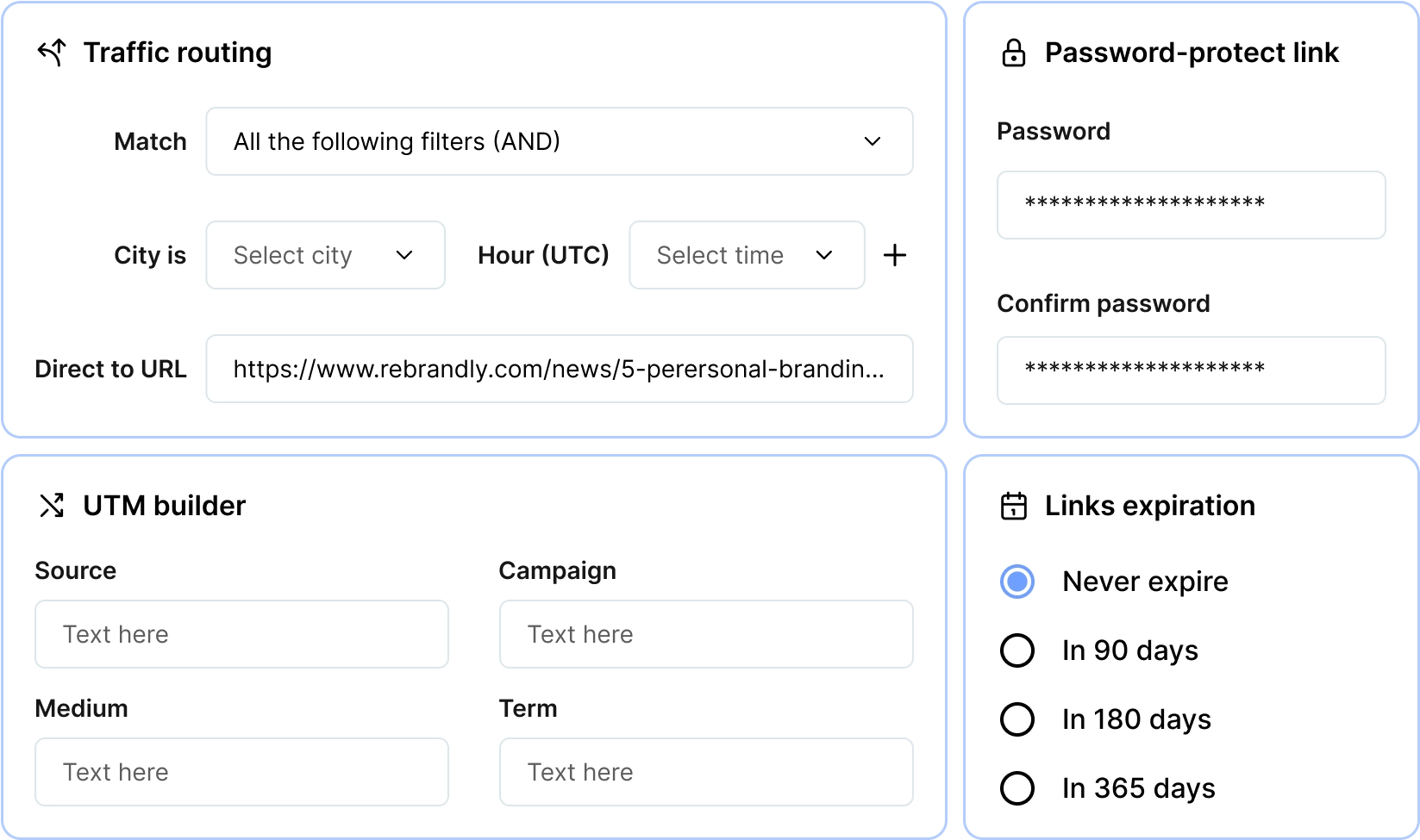 Interface showing options for traffic routing with filters for city and UTC hour, a password-protect link section with fields for password and confirmation, a UTM builder with source, campaign, medium, and term input fields, and link expiration settings with options including never expire and expiration in 90, 180, or 365 days.