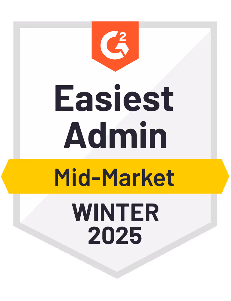 G2 badge for Easiest Admin Mid-Market Winter 2025 award.