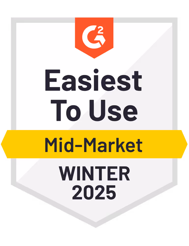 G2 badge stating Easiest To Use Mid-Market Winter 2025.
