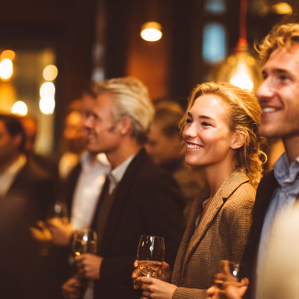 Smiling business people holding wine glasses at a lively indoor event with warm lighting.