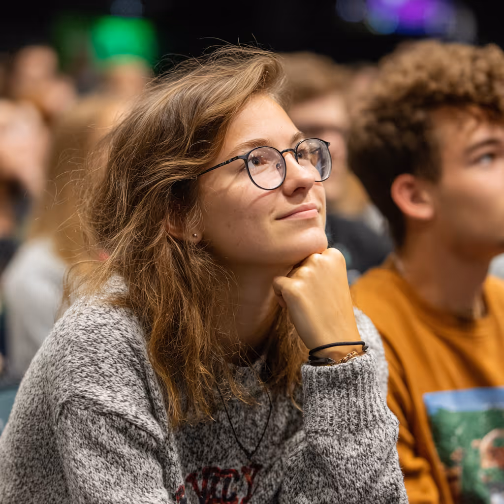 Young woman with glasses and a gray sweater resting her chin on her hand, attentively watching an event.