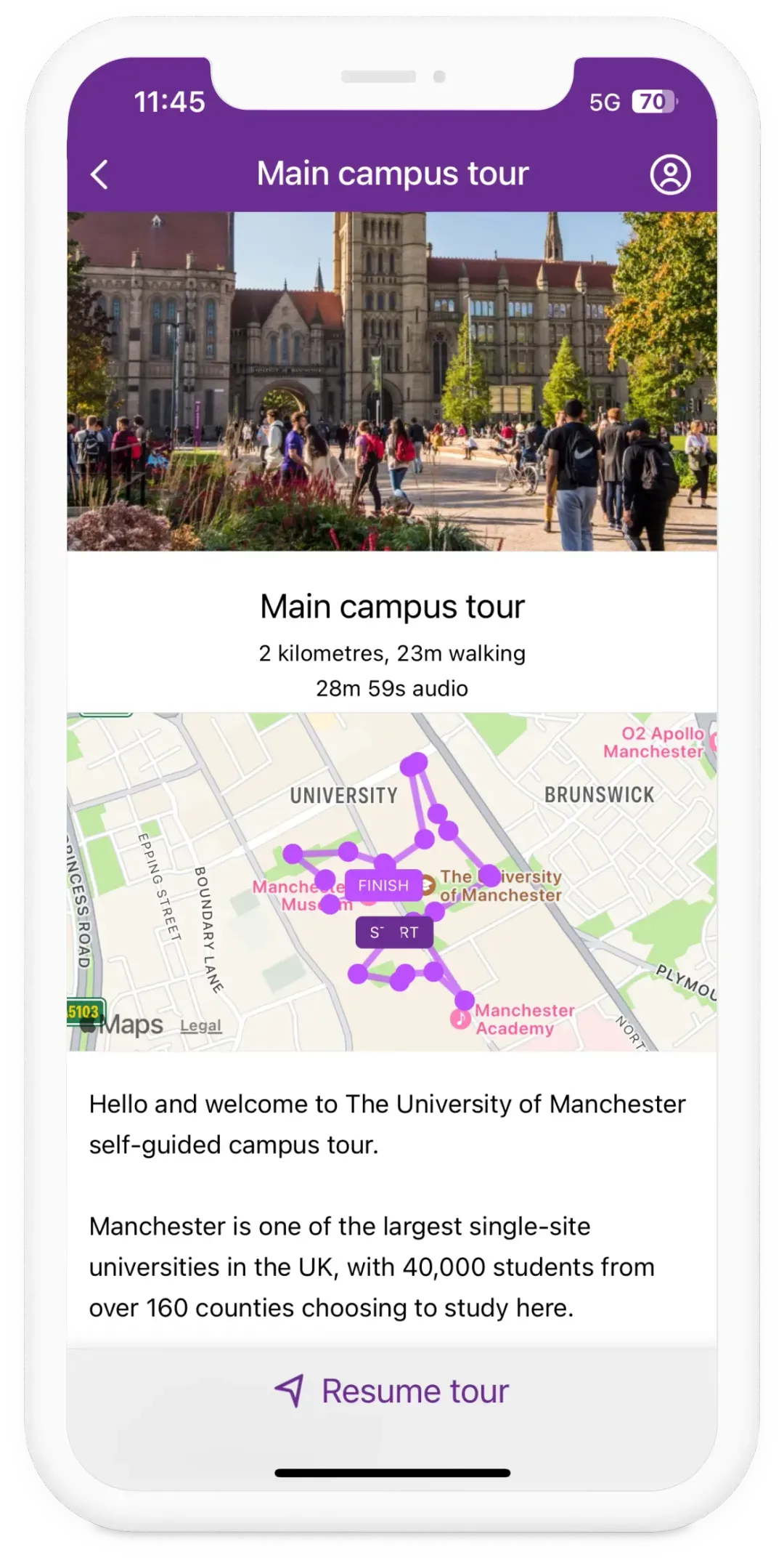 Smartphone screen showing a self-guided main campus tour app for The University of Manchester with a campus map, tour details, and a photo of the university building.