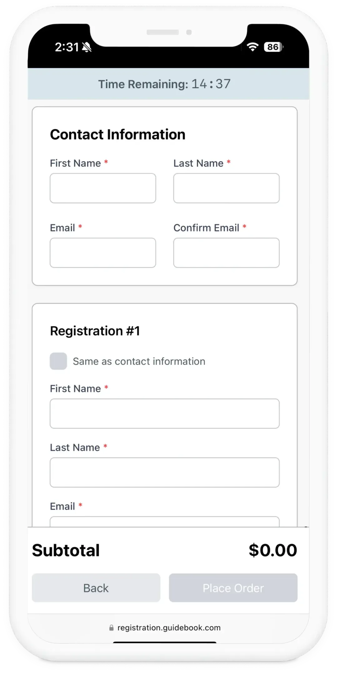 Mobile registration form with contact information and registration details sections, showing empty fields for first name, last name, and email, with a subtotal of $0.00 and disabled Place Order button.