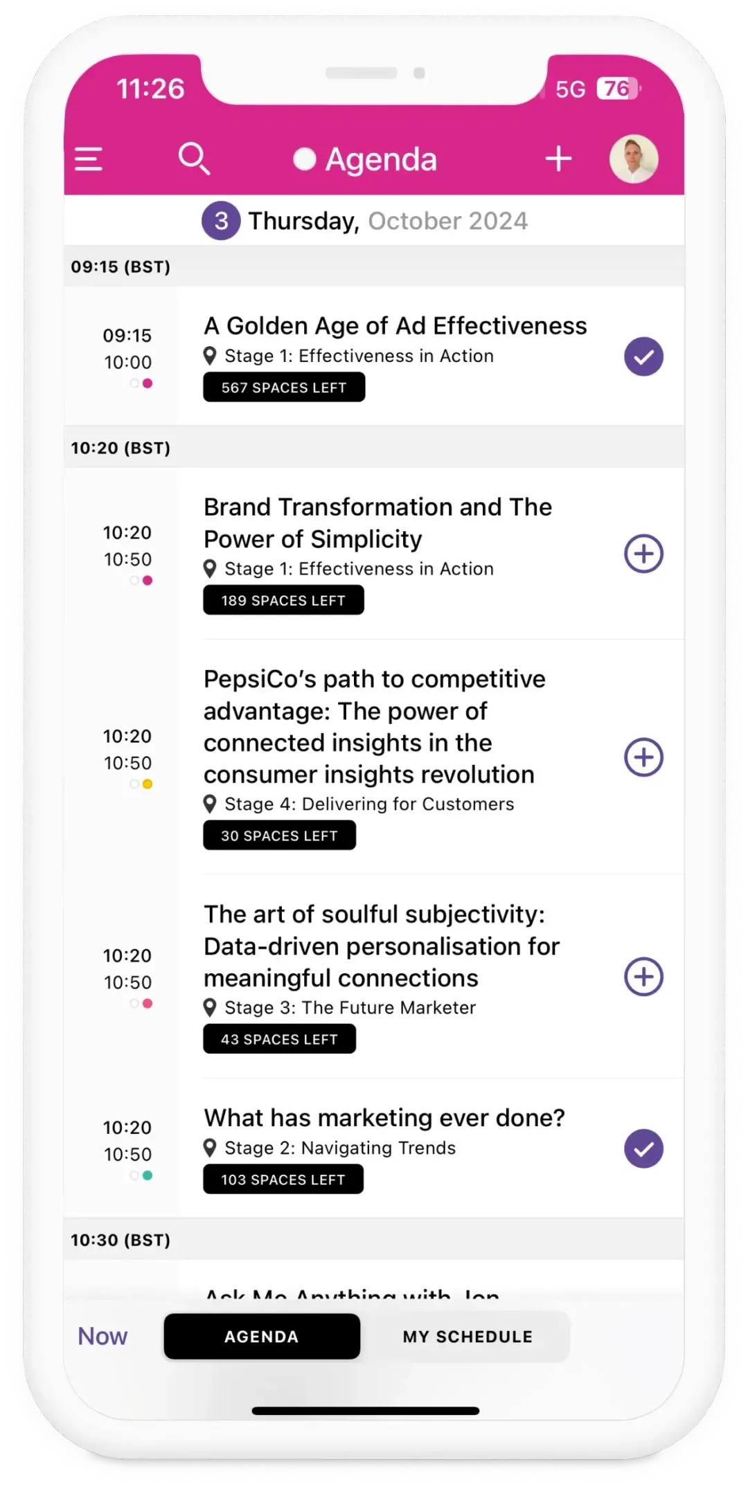 Mobile screen showing an agenda for Thursday, October 3, 2024, with marketing sessions including 'A Golden Age of Ad Effectiveness', 'Brand Transformation and The Power of Simplicity', and others, each listing time, stage, and available spaces.