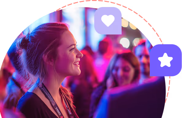 Woman smiling sideways in a colorful social setting with heart and star icons above her.