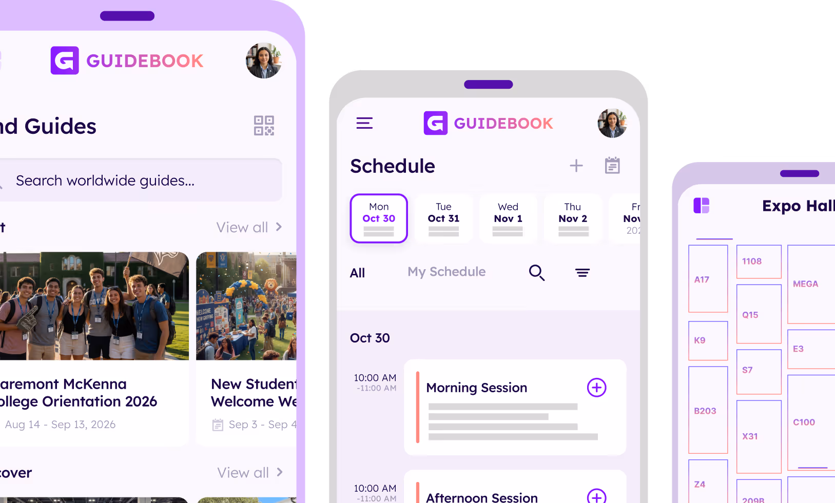 Three smartphones showing Guidebook app screens with event guides, schedule sessions, and an expo hall map.