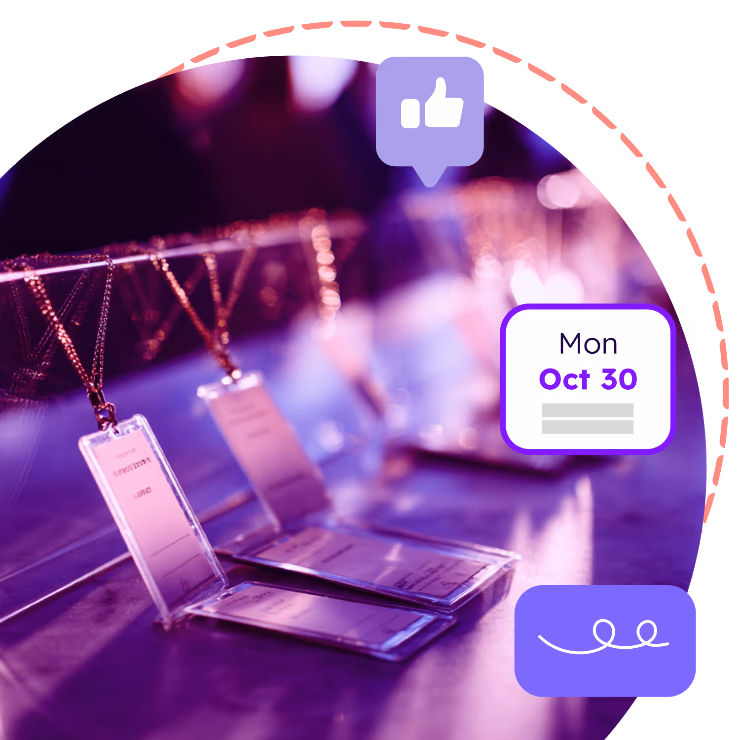 Plastic badge holders with lanyards displayed on a reflective surface under purple lighting.