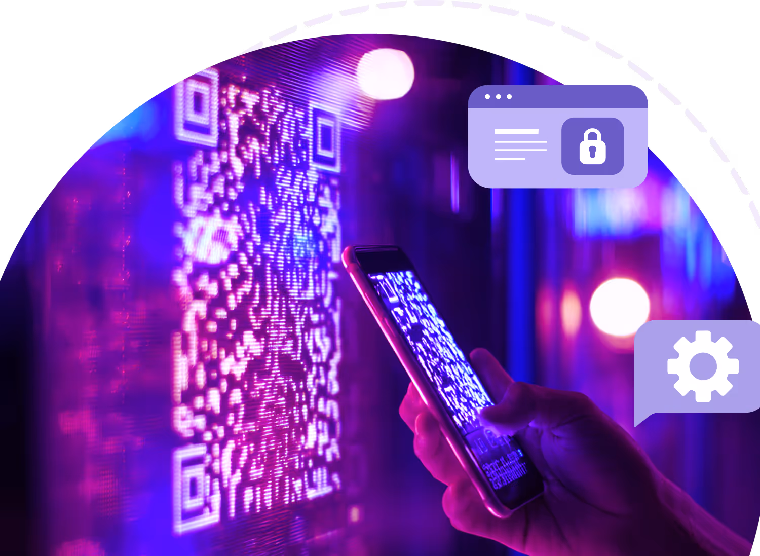 Person scanning a glowing purple QR code with a smartphone under low light, featuring security and settings icons overlay.
