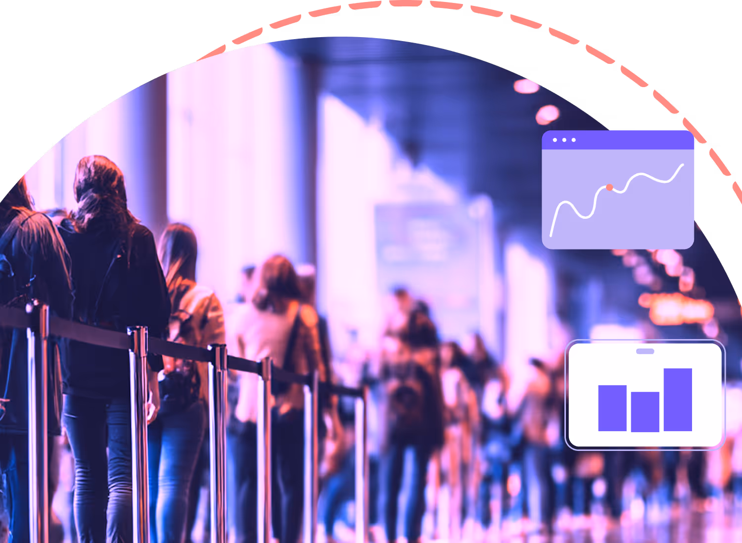 People standing in a long line indoors with graphical overlays of charts representing data analytics.
