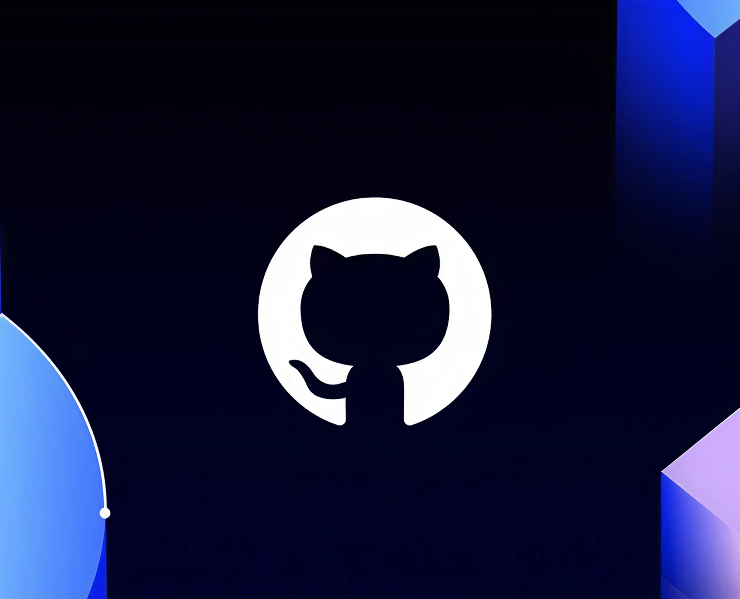 Black silhouette of a cat inside a white circle on a dark blue background with geometric shapes.