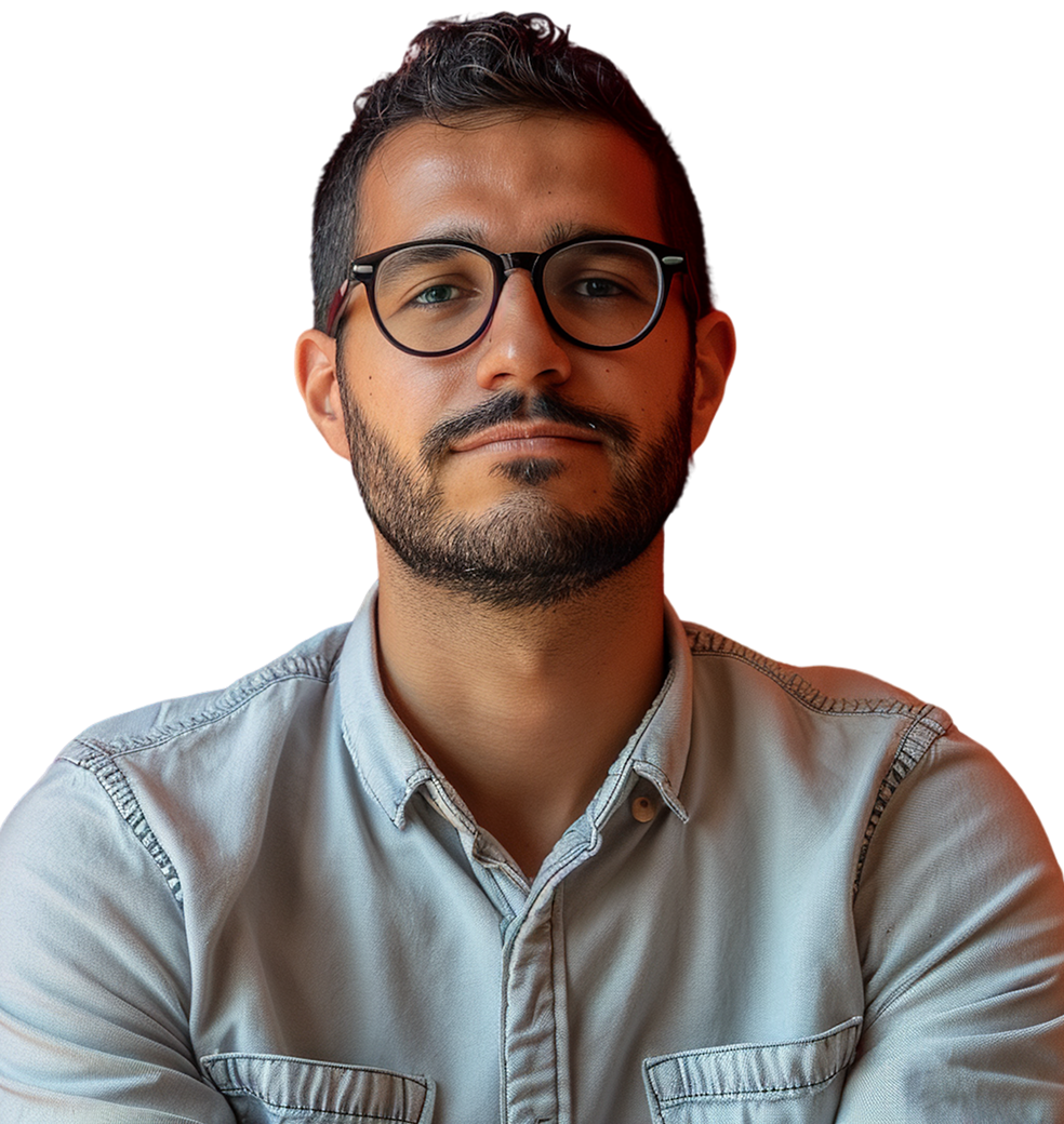 Man with dark hair and beard wearing glasses and a light denim shirt looking confidently at the camera.