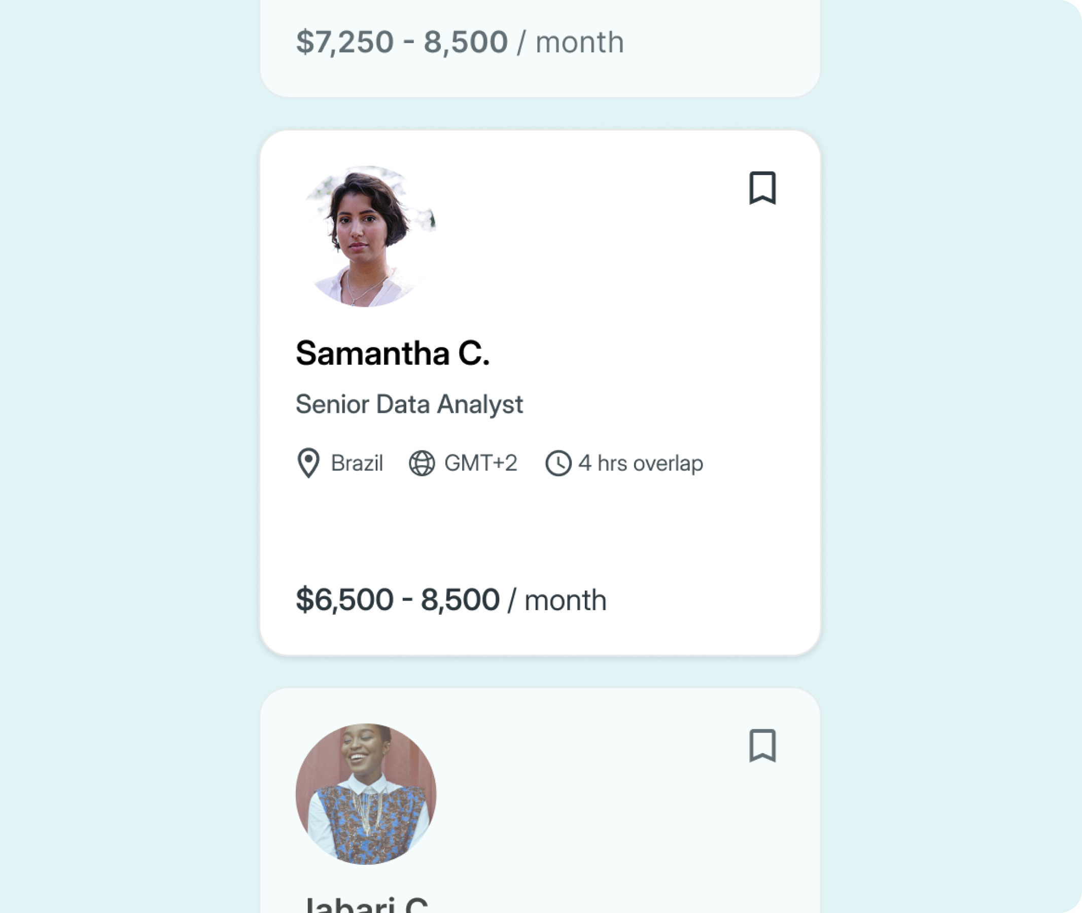 Profile card of Samantha C., Senior Data Analyst based in Brazil, GMT+2 with 4 hours overlap, earning $6,500 - $8,500 per month.