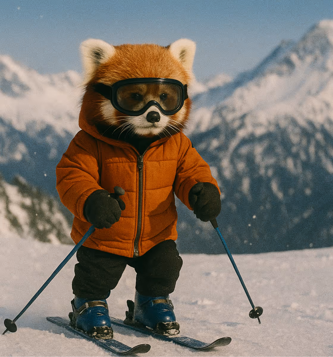 Red panda skiing in orange jacket and goggles on snowy mountain slope
