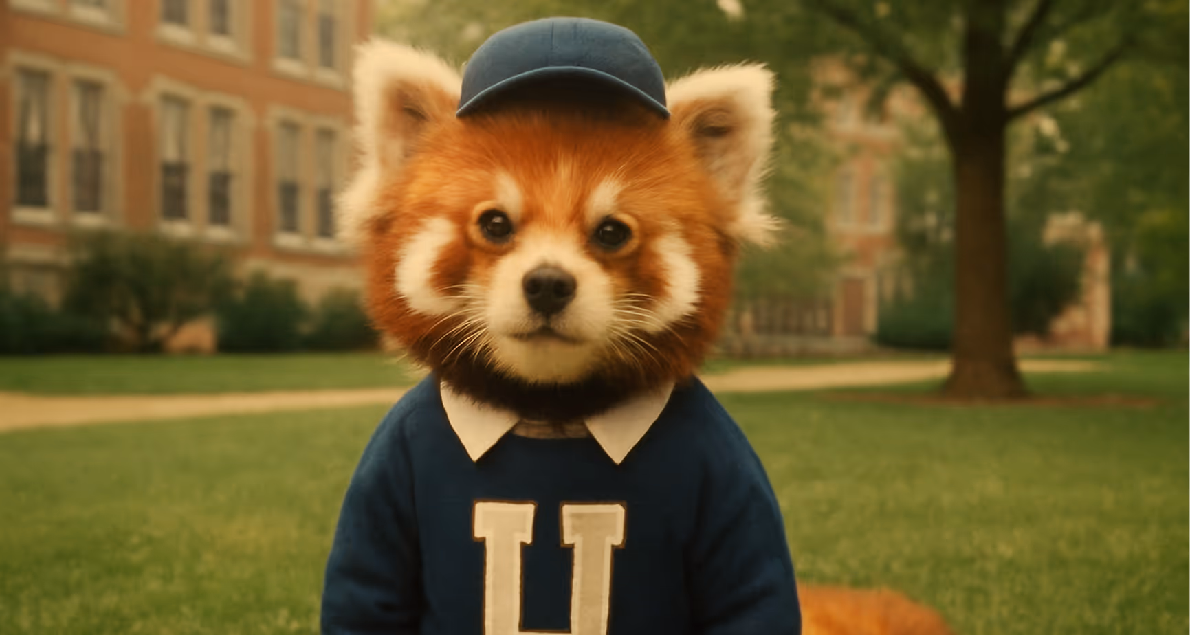 Red panda wearing a blue university sweater and matching cap sitting on grass with a building and tree in the background.
