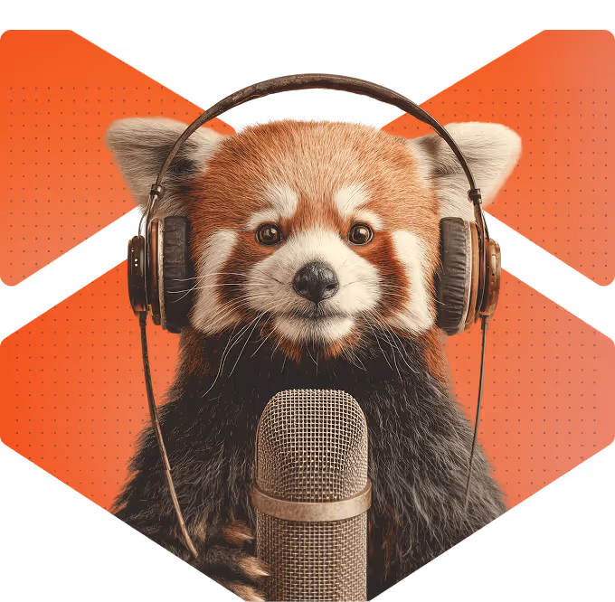 Red panda wearing headphones speaking into a microphone with an orange patterned background.