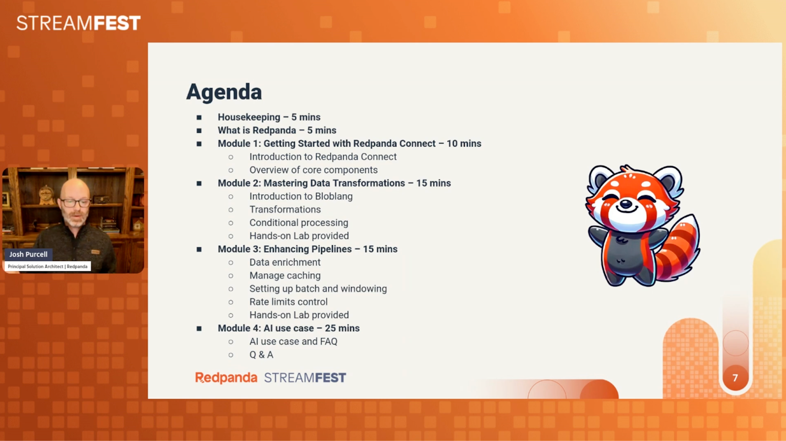 Redpanda Streamfest agenda with modules and cute red panda mascot