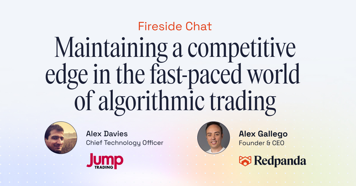 Banner for a fireside chat on staying competitive in algorithmic trading with two speakers and company logos.